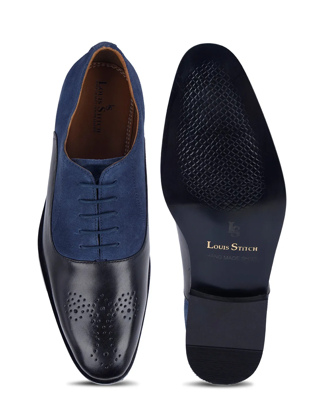 Blue and Black Handmade Italian Leather Formal Brogues Shoes