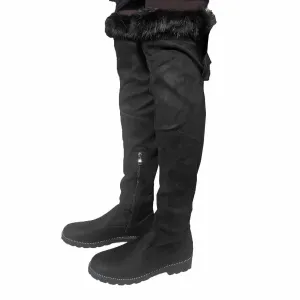 Jessica Long Knee High Winter Zip Up Furry Faux Suede Boots Black