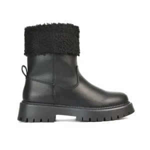 Vienna Faux Fur Chunky Biker Ankle Boots in Black PU
