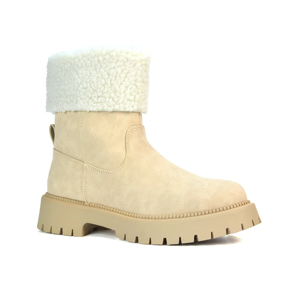 Vienna Faux Fur Chunky Biker Ankle Boots in Black PU